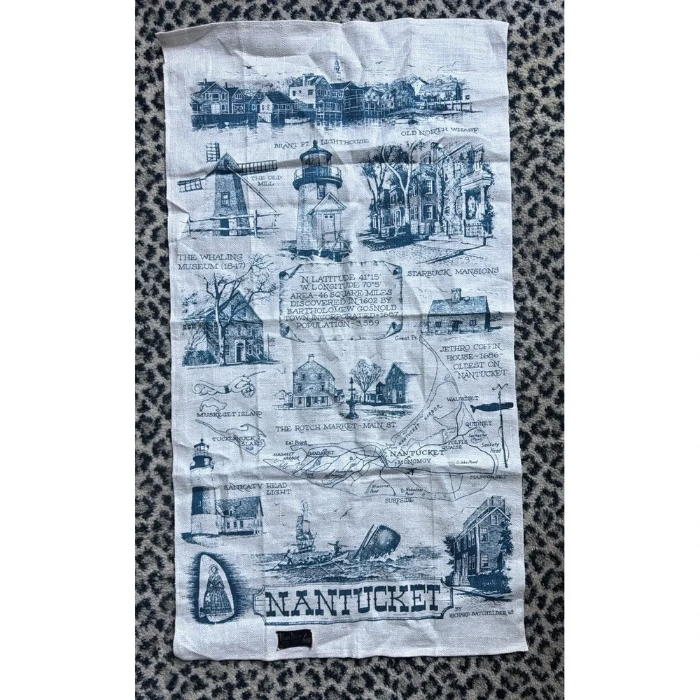 Nantucket Souvenir Linen‎ Tea Towel Blue White Lighthouse Map 1965 VTG Wall Art